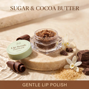 Chocolate sugar lip scrub texture with cocoa butter – gentle polish