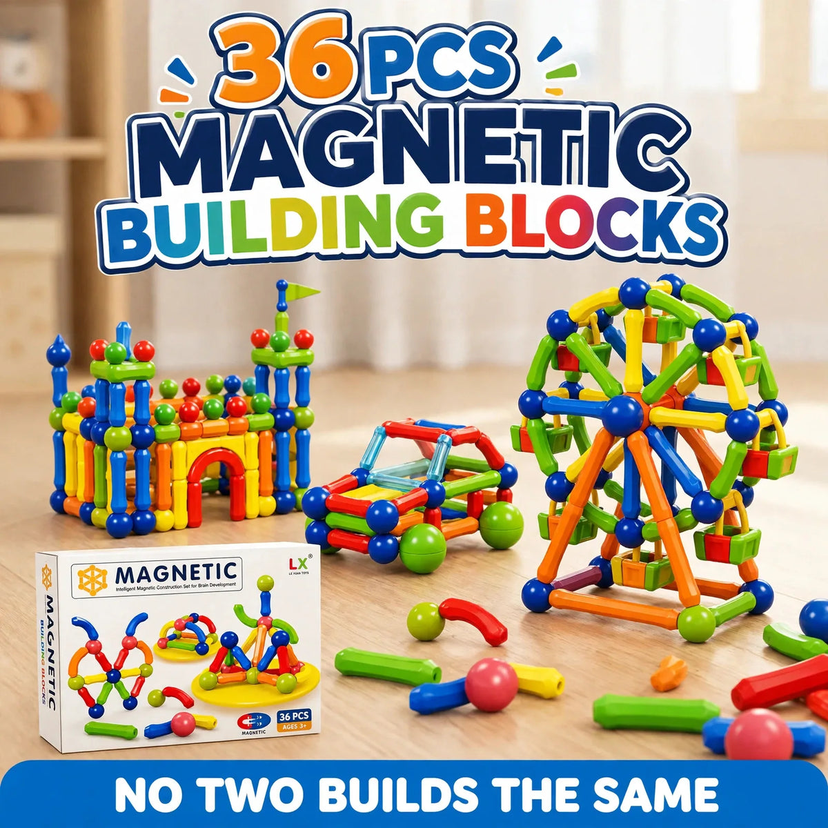 Magnetic blocks creations – castle car and shapes built by kids