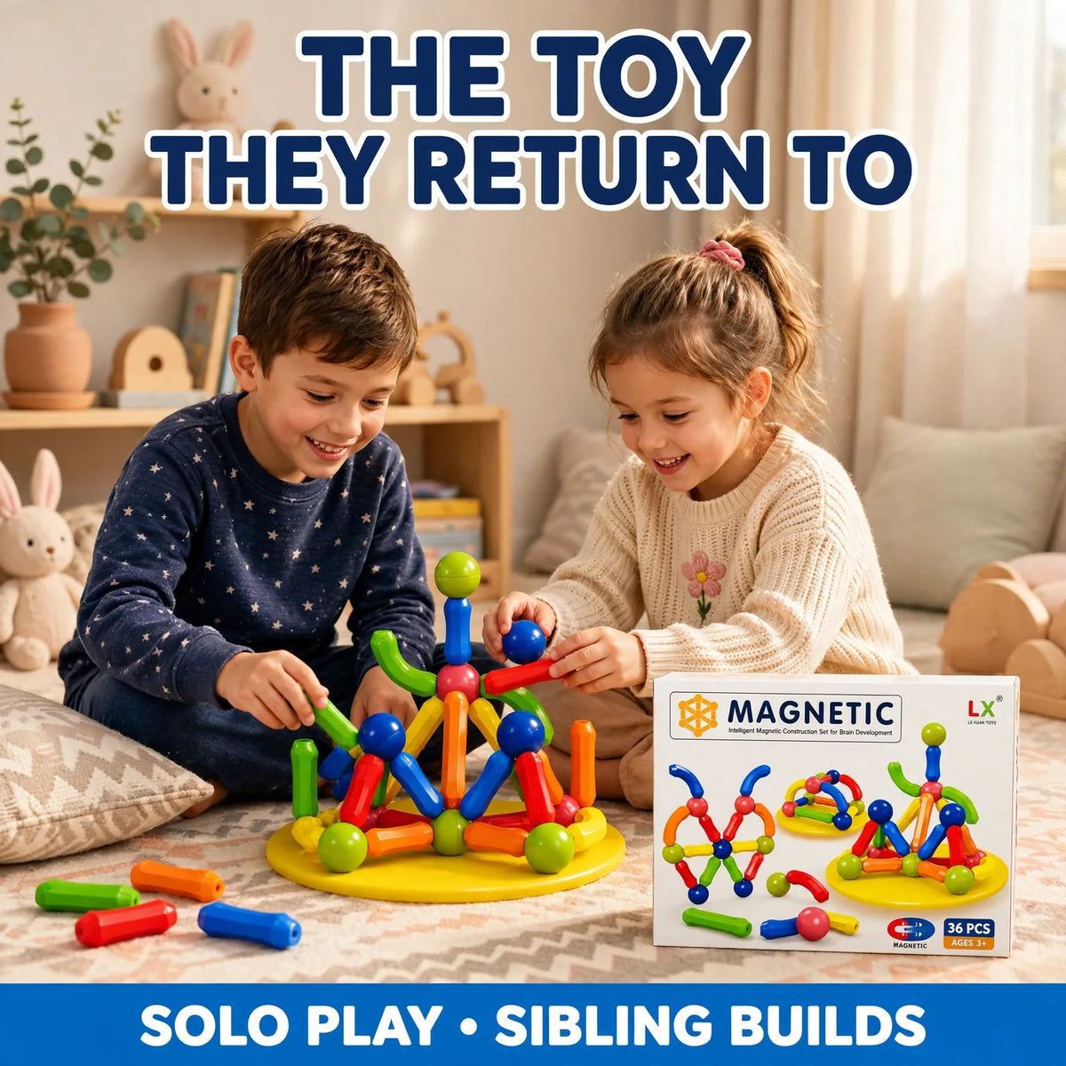 Magnetic building blocks in a playroom – solo and sibling play