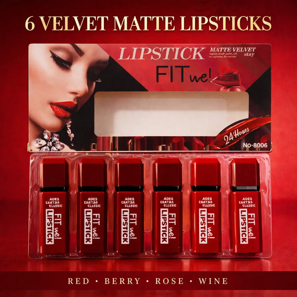 Matte Lipstick Set (6 Pieces) – Velvet Red, Berry, Rose & Wine Lipsticks Gift Box for Women