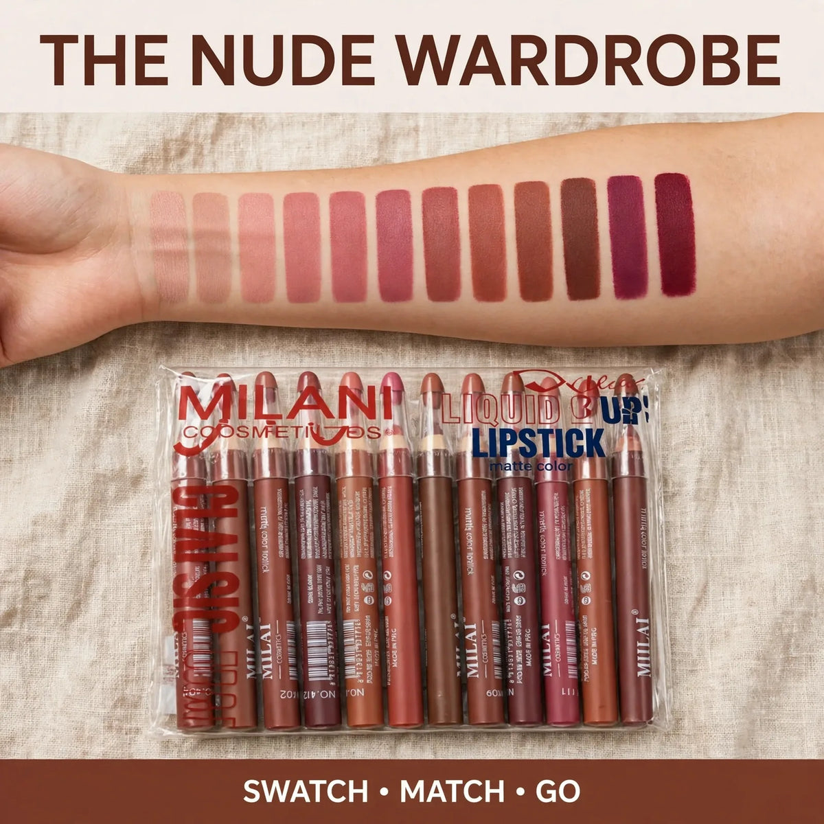 MILAI matte lip pencil swatches – nude rose brown and berry shades
