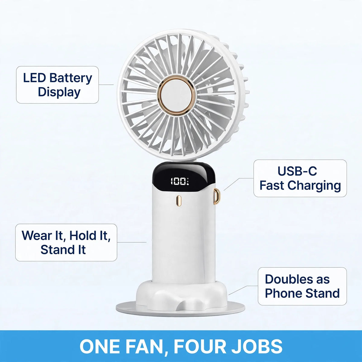 Mini fan benefits – LED battery display, neck and desk modes, phone stand