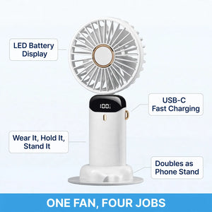 Mini fan benefits – LED battery display, neck and desk modes, phone stand