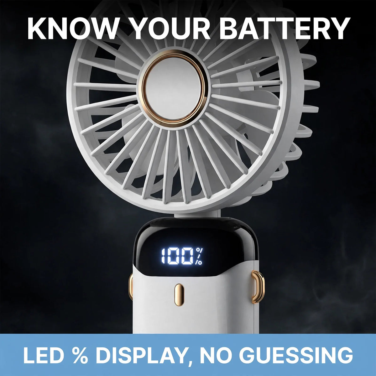 Mini fan LED battery percentage display close-up