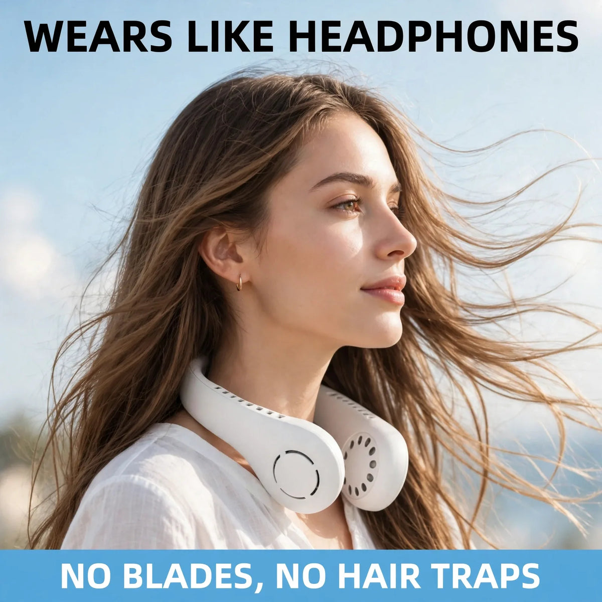Bladeless neck fan design – wears around the neck, no exposed blades