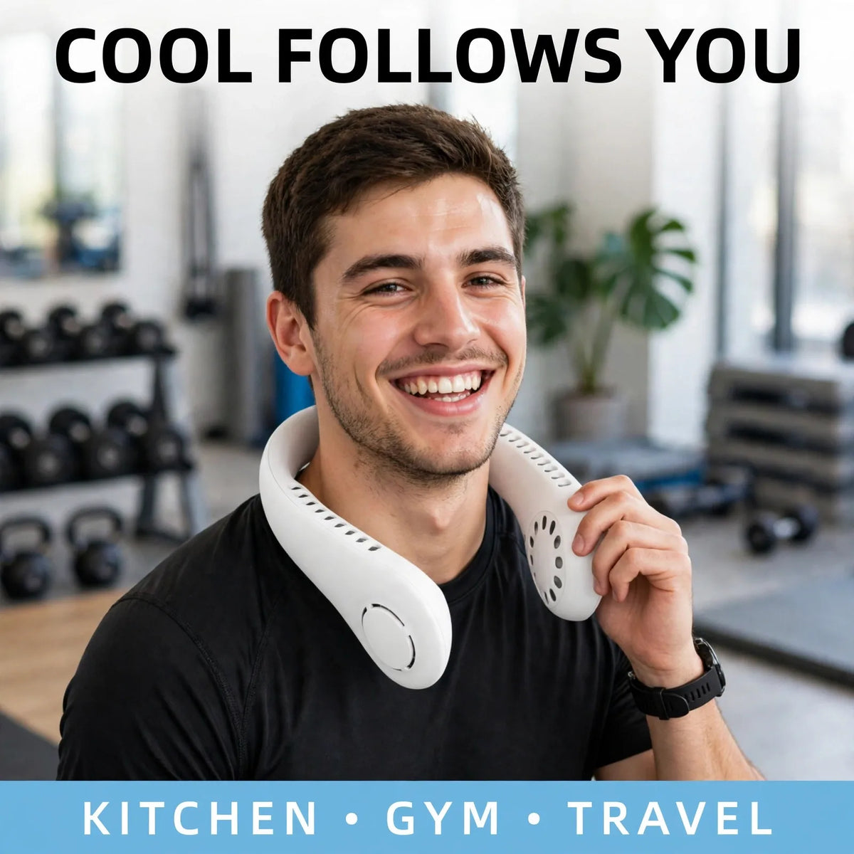 Wearable neck fan for kitchen, gym and travel