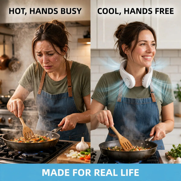 Neck fan before and after – hot busy kitchen to cool hands-free