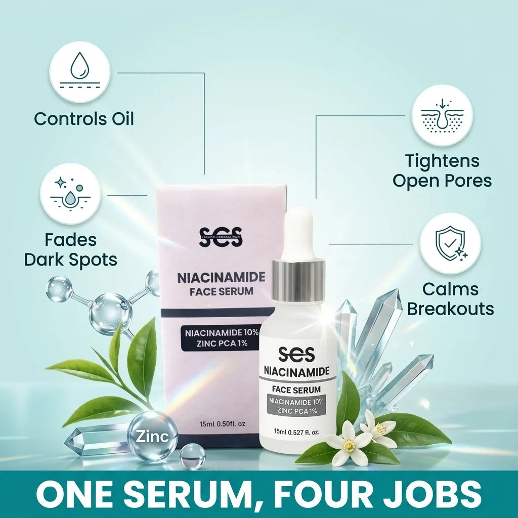 Niacinamide serum benefits – controls oil, tightens pores, fades dark spots, calms breakouts