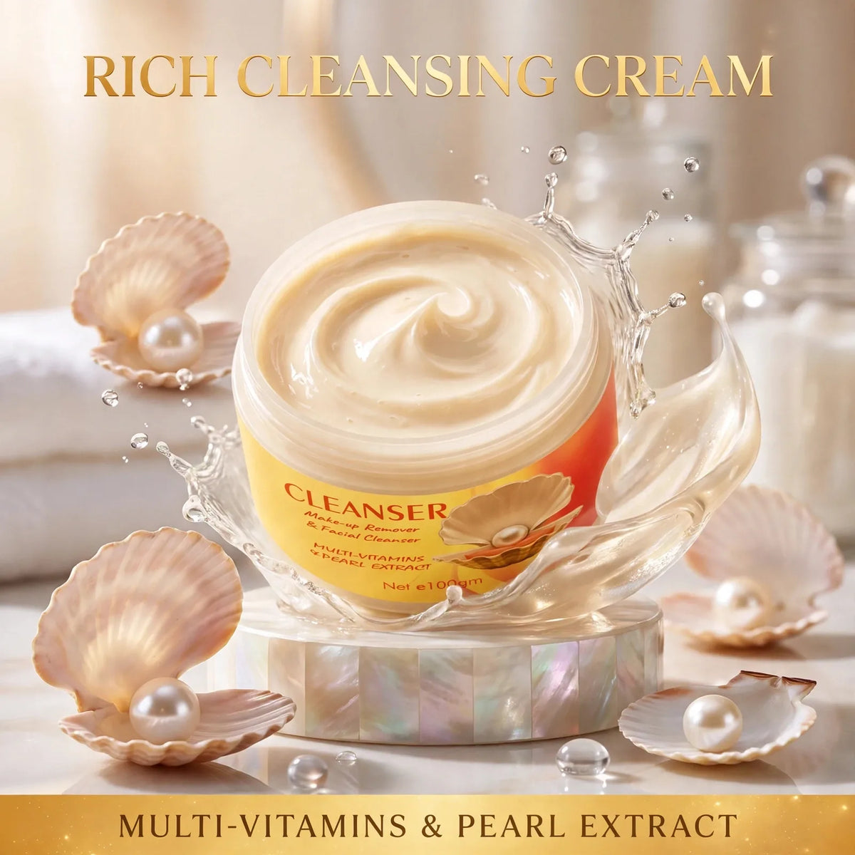 Pearl cleansing cream texture with multi-vitamins and pearl extract