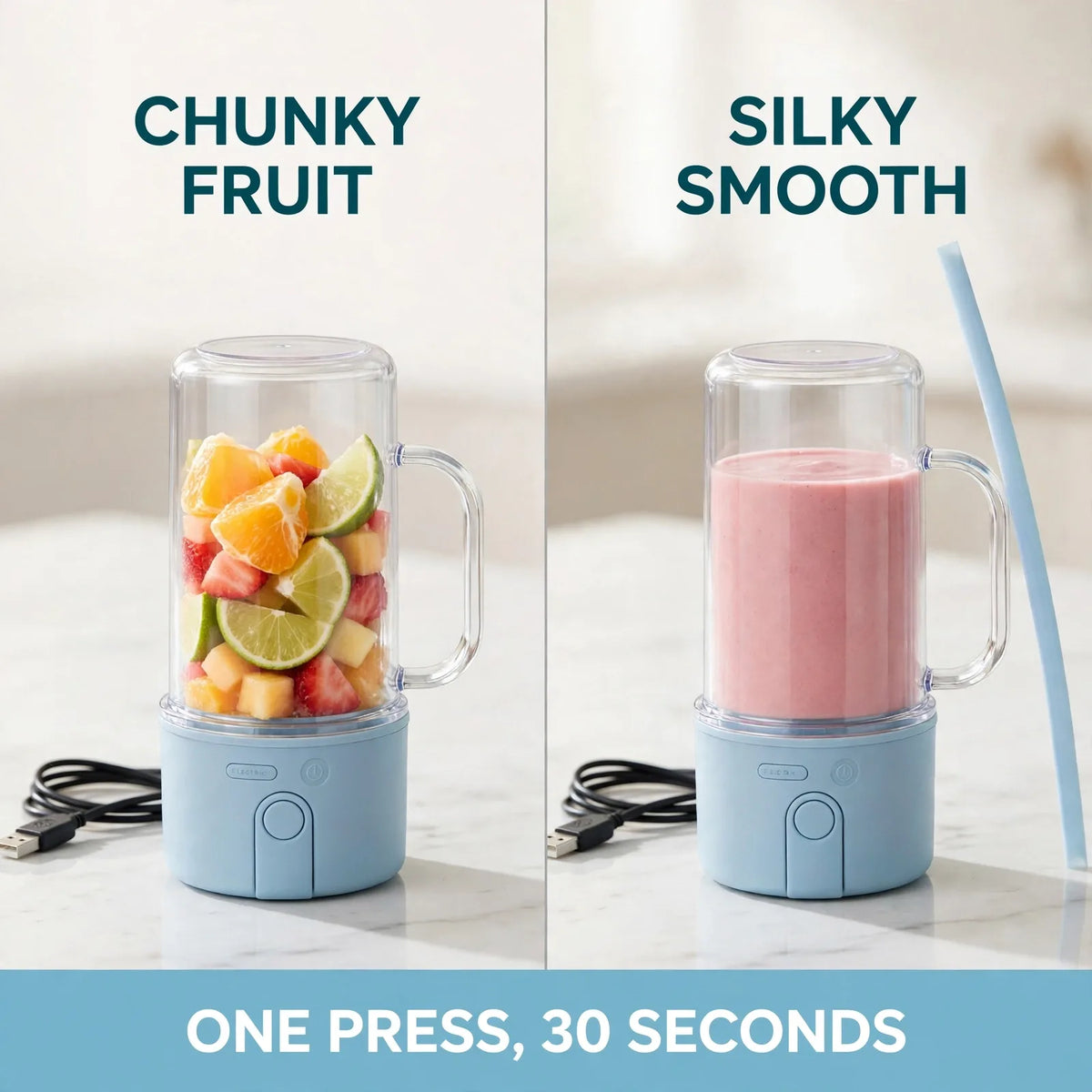 Portable blender before and after – chunky fruit to silky smoothie