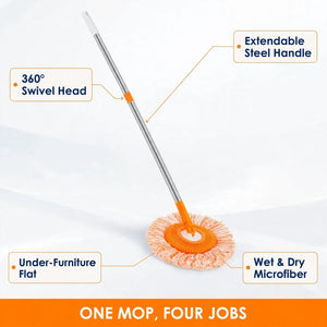 Rotating mop benefits – 360 swivel head, extendable handle, wet and dry microfiber