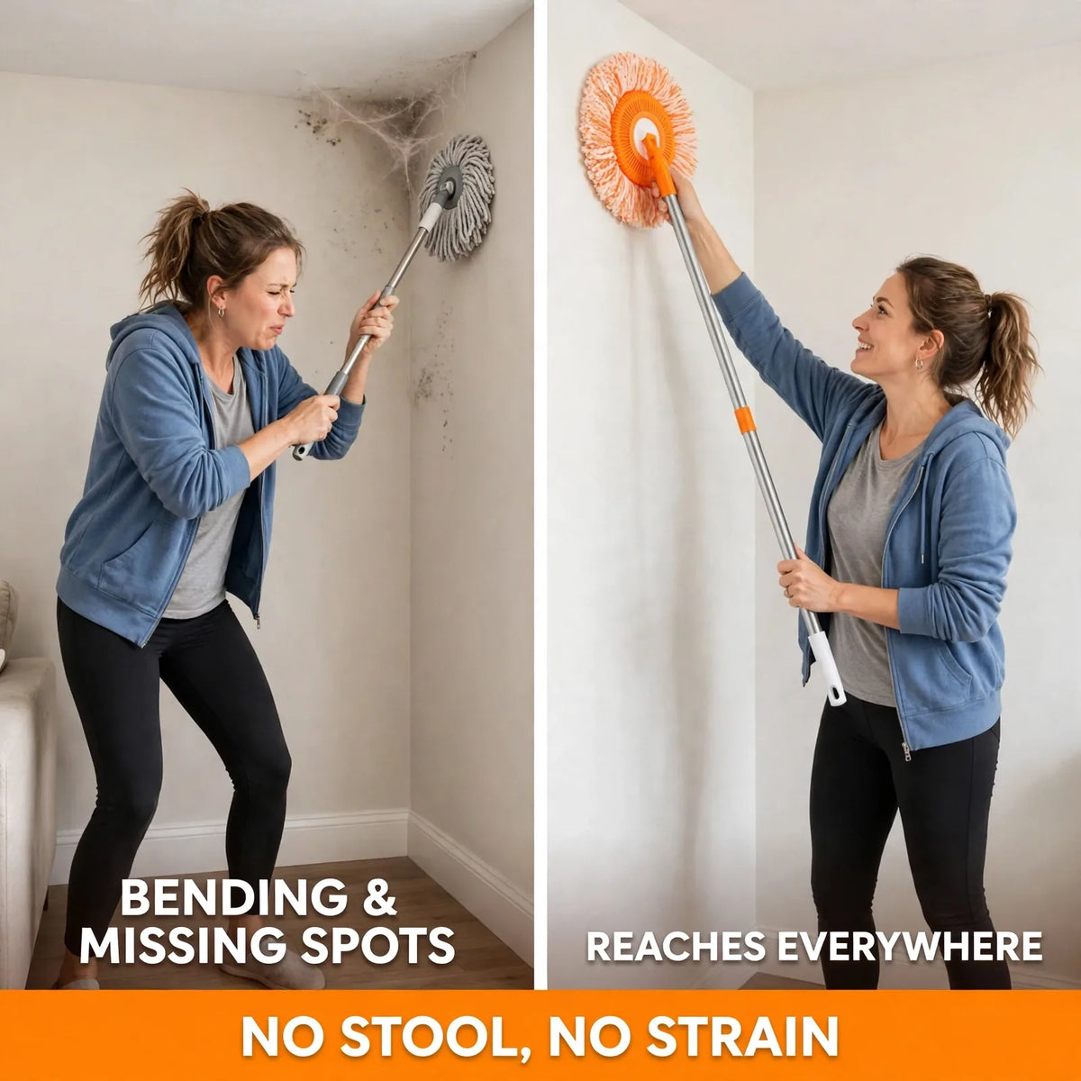Rotating mop before and after – bending and missing spots to reaching everywhere