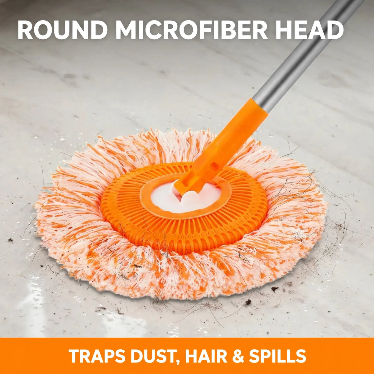 Round microfiber mop head close-up – traps dust hair and spills