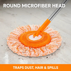 Round microfiber mop head close-up – traps dust hair and spills