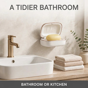 Wall mounted soap dish in a tidy modern bathroom