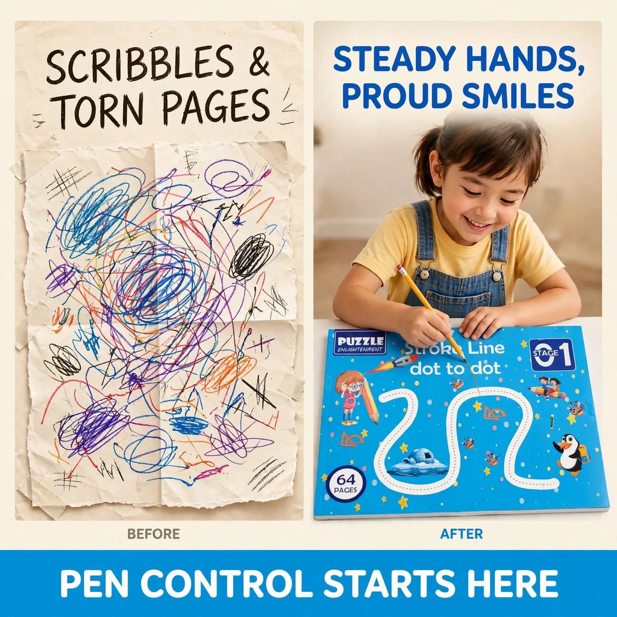 Tracing book before and after – scribbles to steady pen control practice