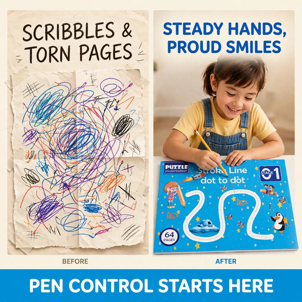 Tracing book before and after – scribbles to steady pen control practice
