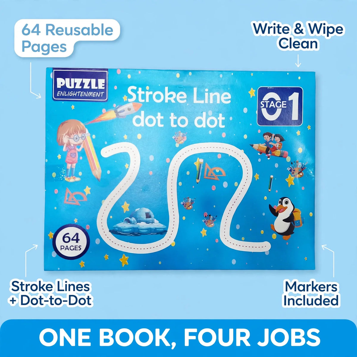 Reusable tracing workbook benefits – 64 pages, write and wipe, markers included