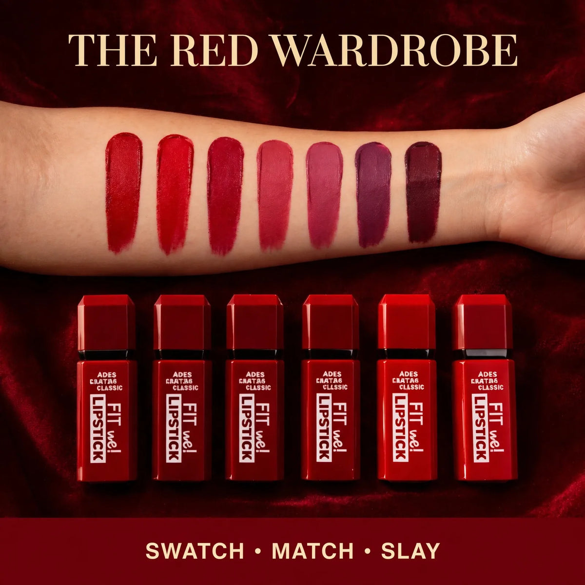 Matte velvet lipstick swatches – red berry rose and wine shades