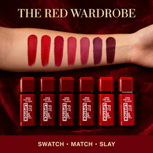 Matte velvet lipstick swatches – red berry rose and wine shades