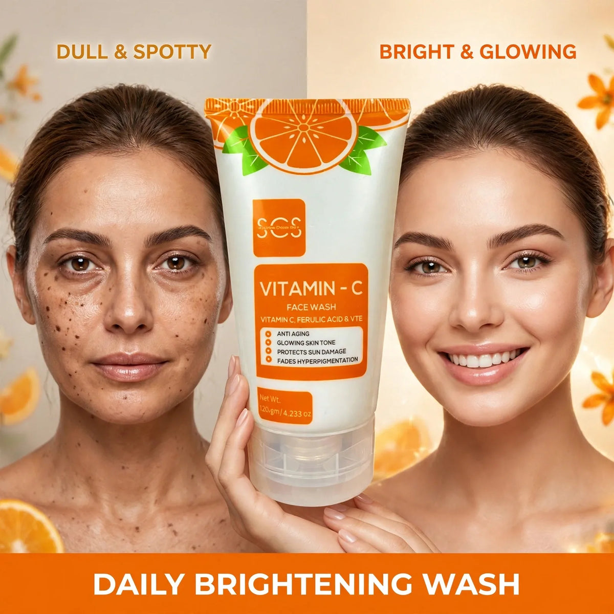Vitamin C face wash before and after – dull spotty skin to bright glowing skin