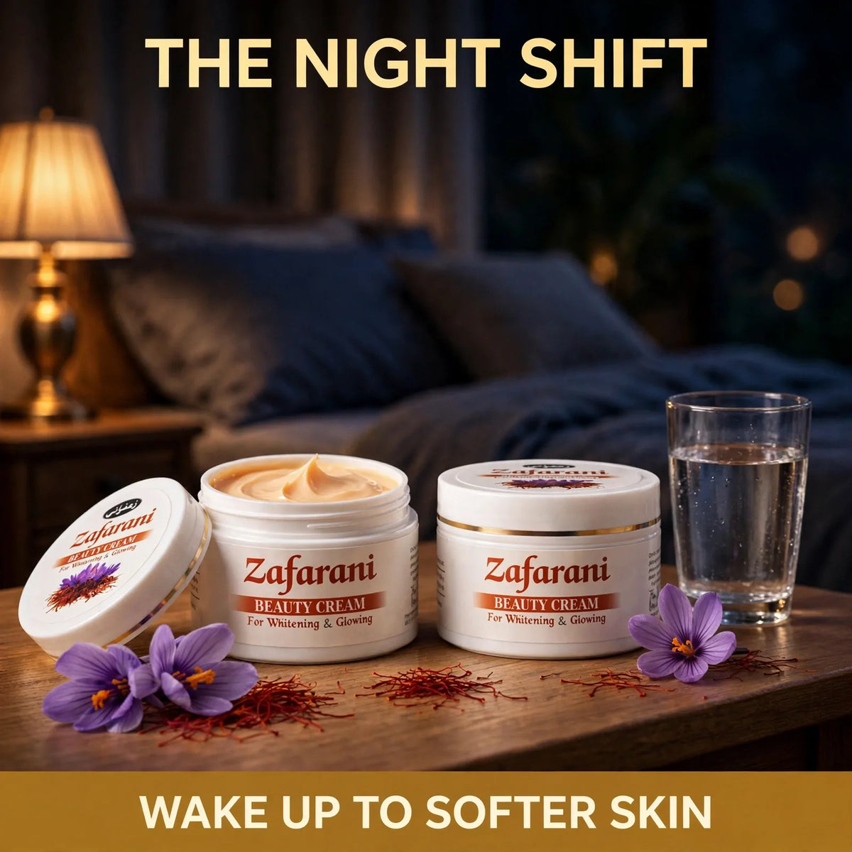 Zafarani saffron night cream on a bedside table – wake up to softer skin