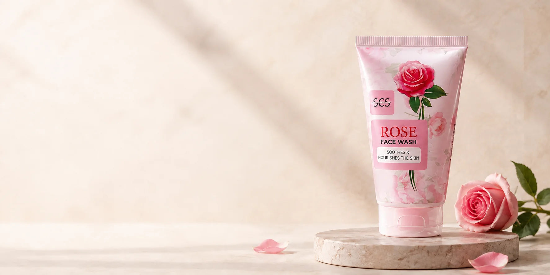 SCS Rose Face Wash on an ivory stone stand beside a pink rose