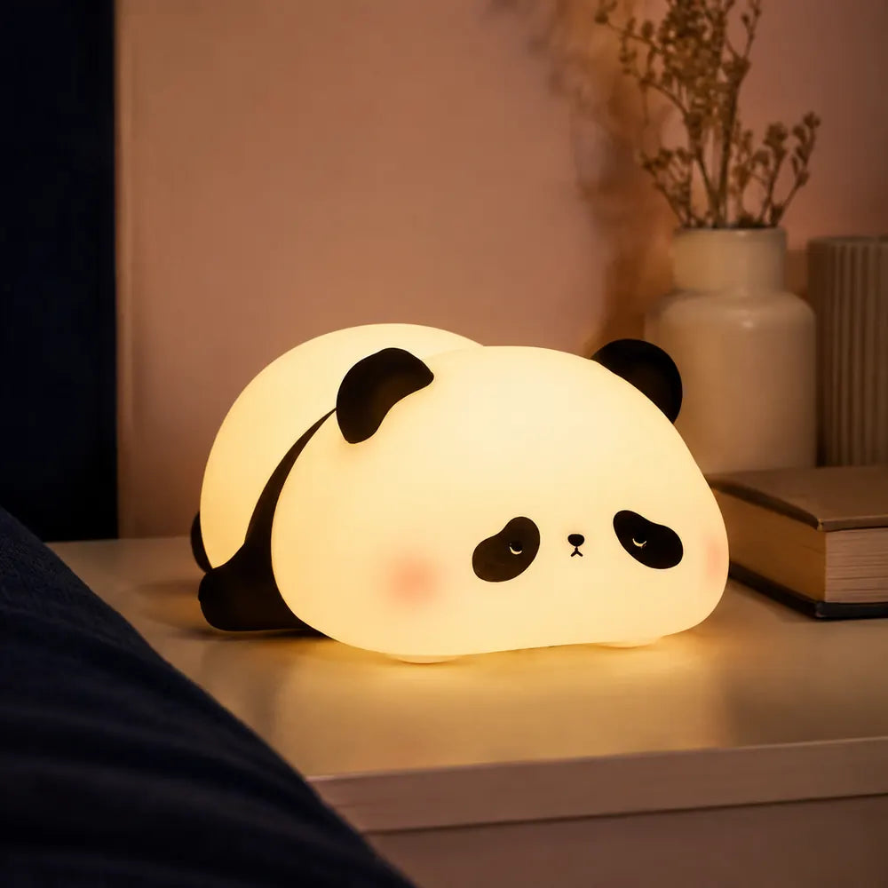 Rechargeable Panda Night Lamp glowing on a bedside table